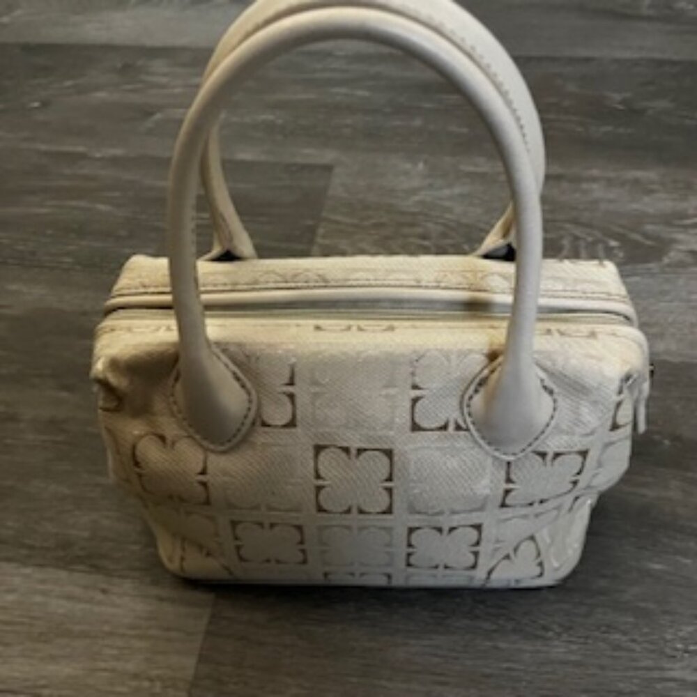 🧡3/15 LizClaiborne Cream Canvas Handbag Gold-Tone Zipper Pull